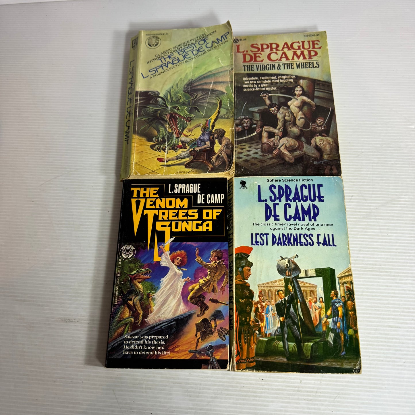 L. Sprague De Camp Vintage Book Bundle x 4 : Science Fiction Book Club Selection (1978), The Virgin & The Wheels  (1976), The Venom Trees of Sunga (1992), Lest Darkness Fall (1949)(2948)