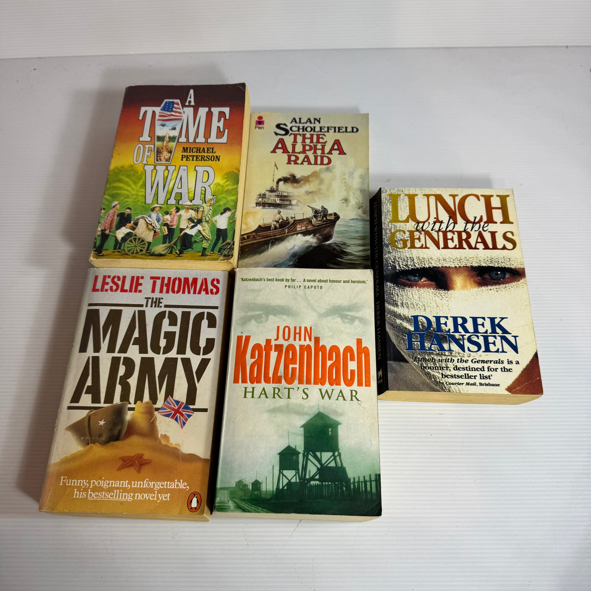 Action Adventure Bundle x 5 : Lunch With The Generals - Derek Hansen, The Alpha Raid - Alan Scholefield, A Time of War - Michael Peterson, The Magic Army - Leslie Thomas, Hart's War - John Katzenbach (3347)