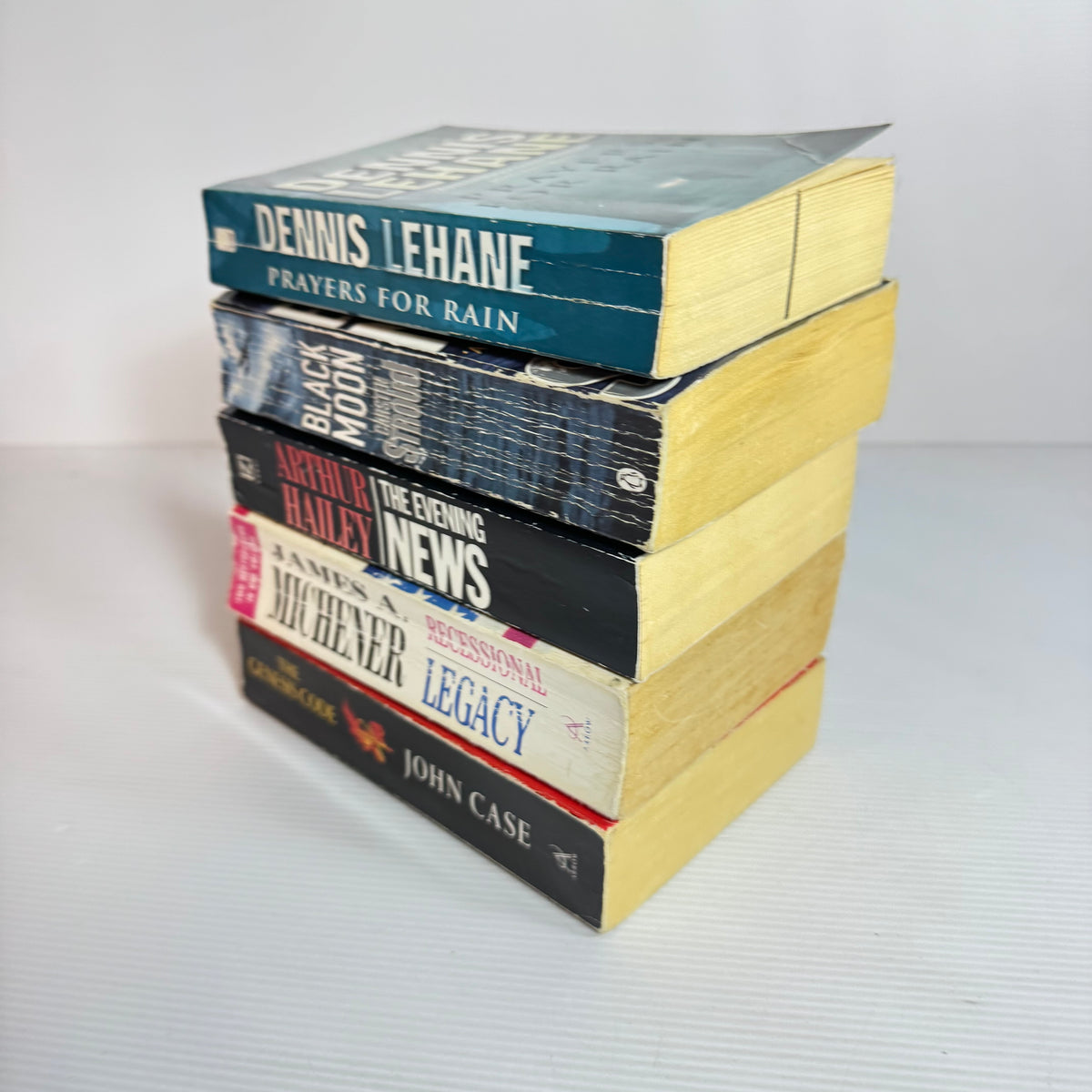 Action Thriller Bundle x 5 Books 6 x Stories : The Evening News - Arthur Hailey, Black Moon - Carsten stroud, Prayers for Rain - Dennis Lehane, The Genesis Code - John Case, Legacy & Recessional - James A. Michener (3467)