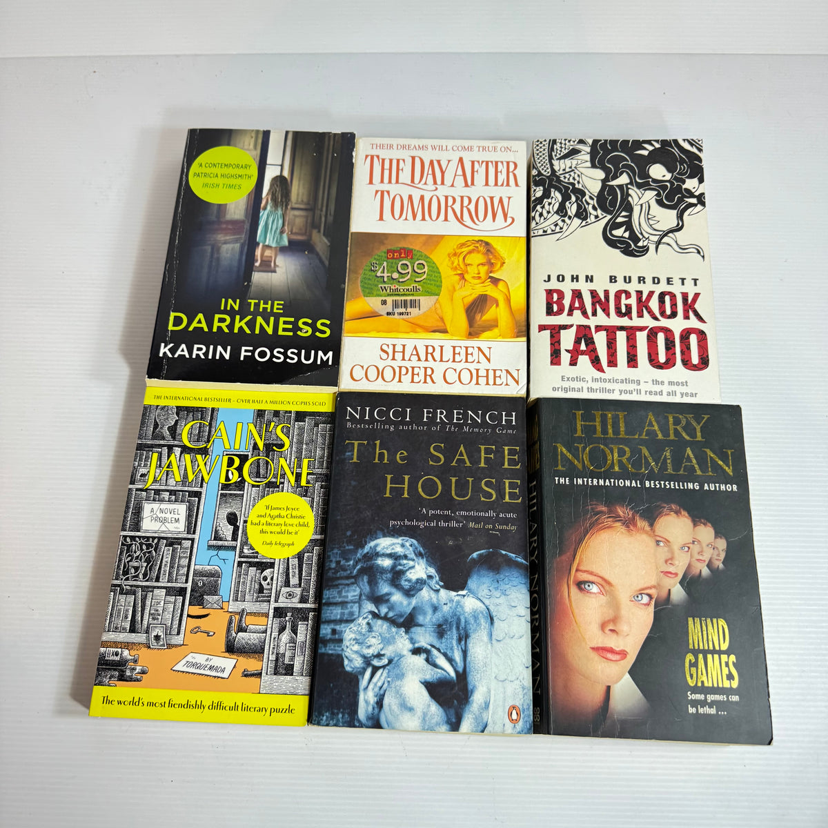 Crime Mystery Bundle x 6 : The Day After Tomorrow - Sharleen Cooper Cohen, Bangkok Tattoo - John Burdett, In The Darkness - Karin Fossum, Cain's Jaw Bone - Torquenmada, The Safe House - Nicci French, Mind Games - Hilary Norman (3414)