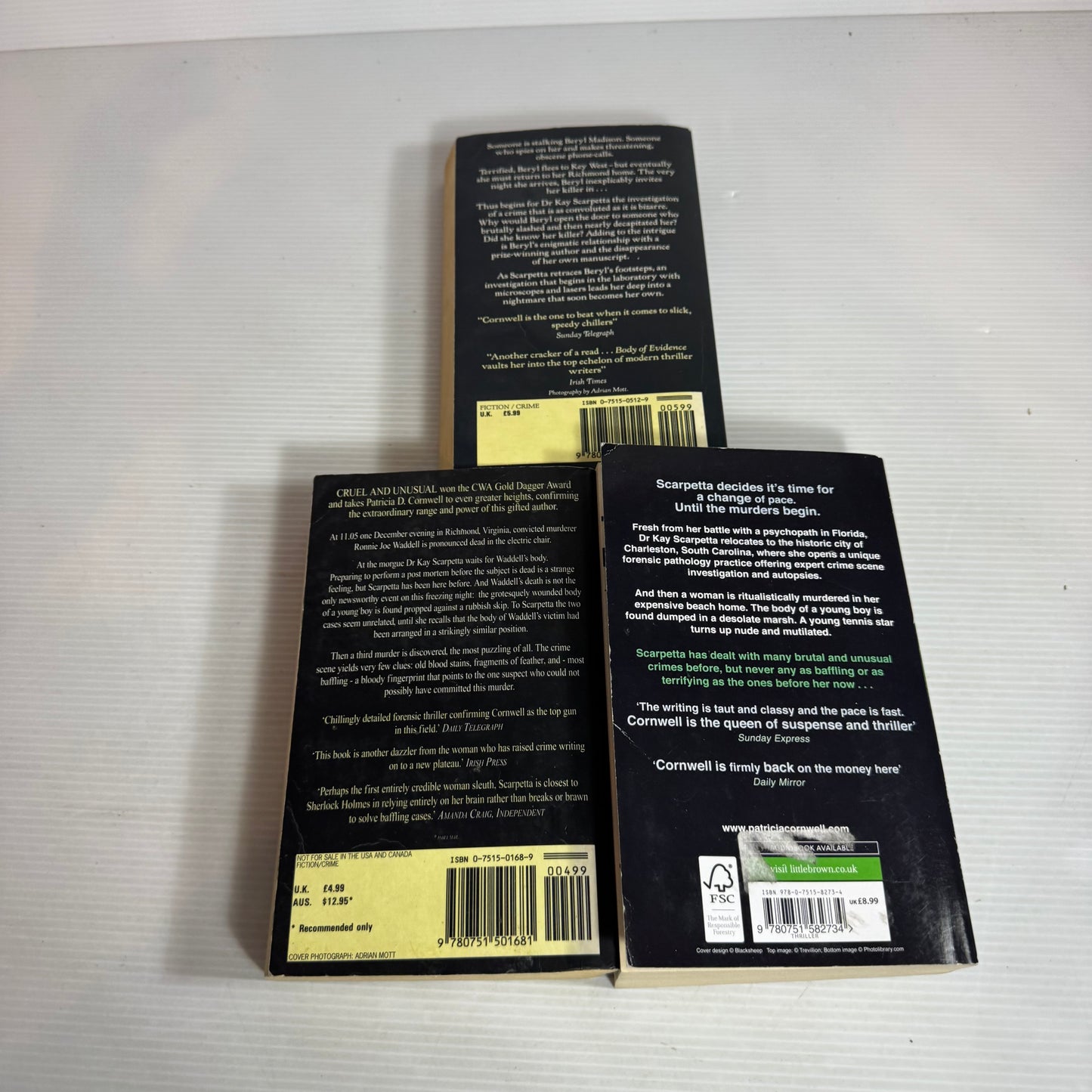 Patricia Cornwell Book Bundle x 3 Books : Body of Evidence, Cruel and Unusual, Book of the Dead (2594)