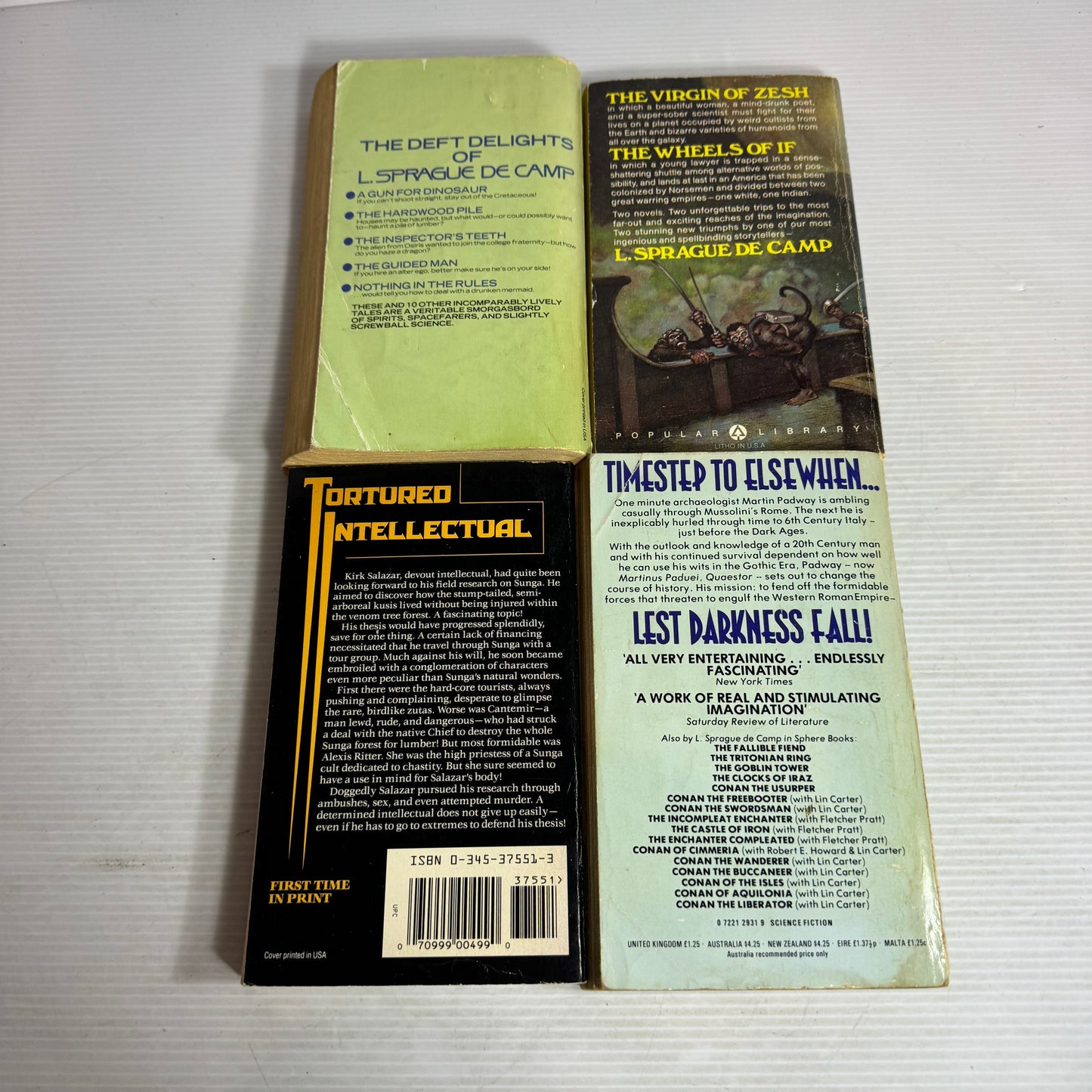 L. Sprague De Camp Vintage Book Bundle x 4 : Science Fiction Book Club Selection (1978), The Virgin & The Wheels  (1976), The Venom Trees of Sunga (1992), Lest Darkness Fall (1949)(2948)