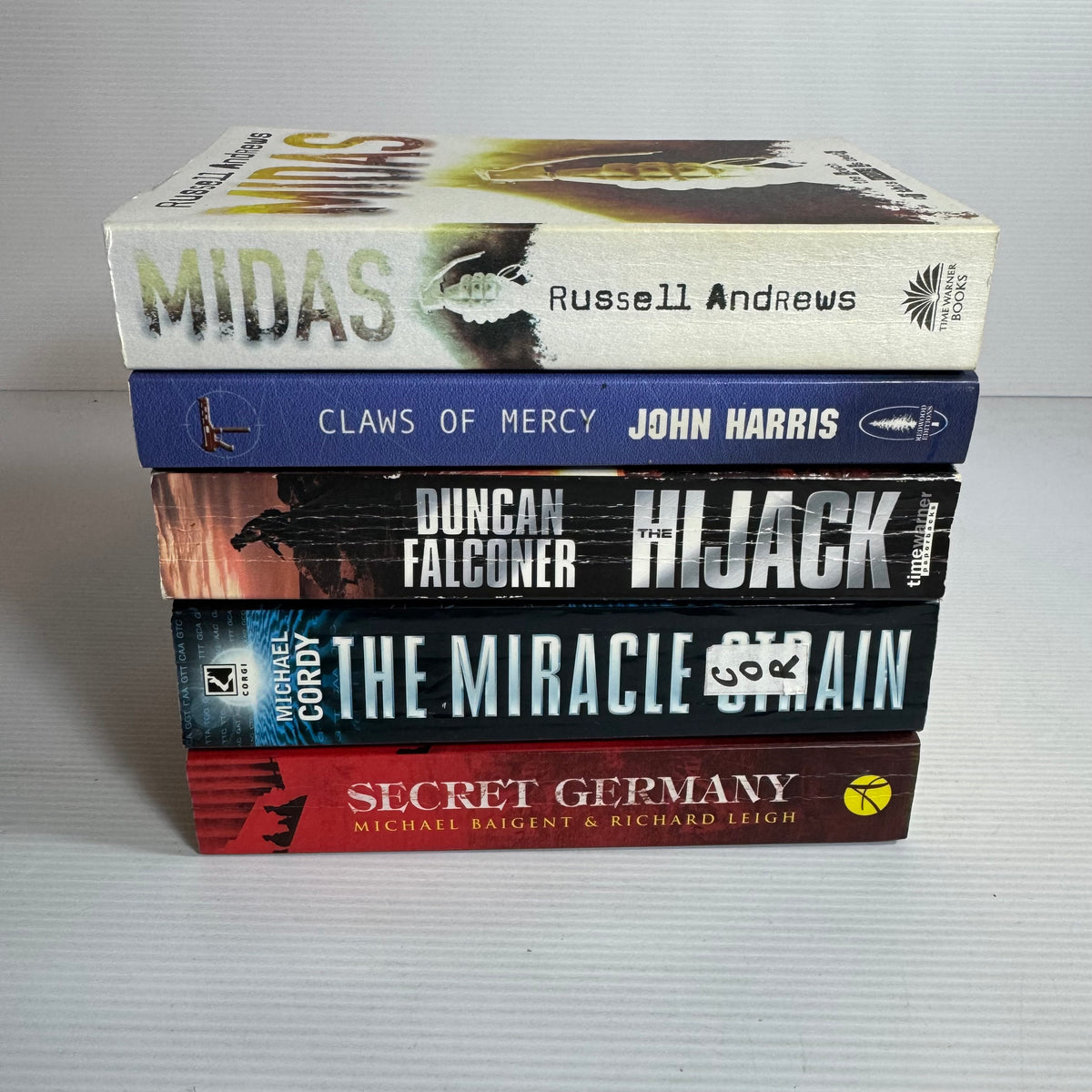 Action Adventure Bundle x 5 : Midas - Russell Andrews, Claws of Mercy - John Harris, The HiJack - Duncan Falconer, The miracle Strain - Michael Cordy, Secret Germany - Michael Baigent & Richard Leigh (3342)
