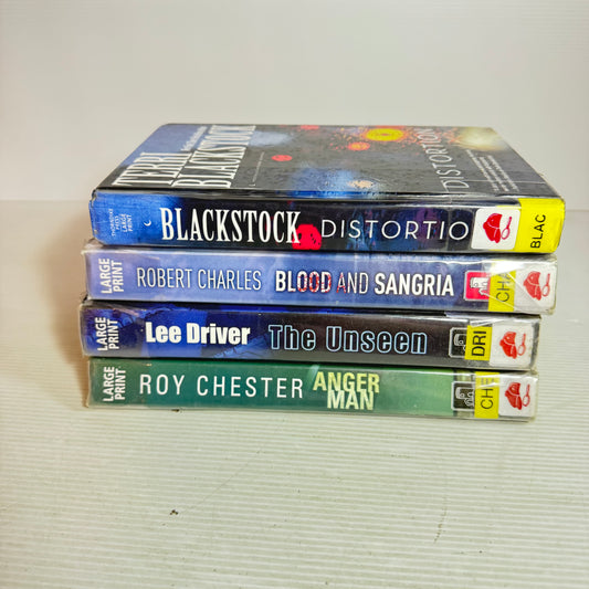 Large Print Crime Mystery Book Bundle x 4 : Distortion, Blood & Sangria, The Unseen, Anger Man(2868)