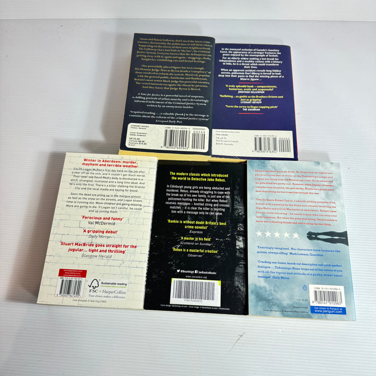Thriller Bundle x 5 : A Chill Rain In January - L. R. Wright, A Time for Justice - Anonymous, Knots & Crosses - Ian Rankin, Tishomingo Blues - Elmore Leonard, Cold Granite - Stuart MacBride (3386)