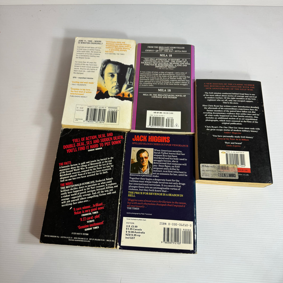 Military Action Bundle x 5 : XPD - Len Deighton, Mila 18 - Leon Uris, the One That Got Away - Chris Ryan, A Season In Hell - Jack Higgins, The Mittenwald Syndicate - Frederick Nolan(3345)