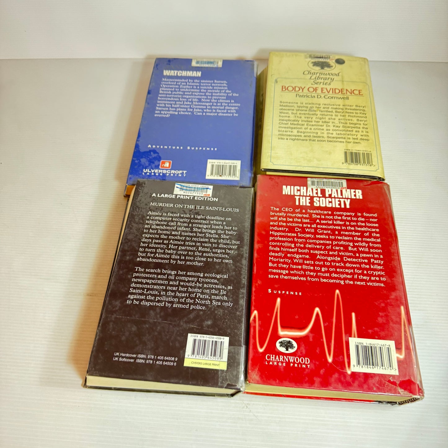 Large Print Crime Book Bundle x 4 : Body of Evidence, Murder on the Ile Sant-Louis, Watchman, The Society (2873)