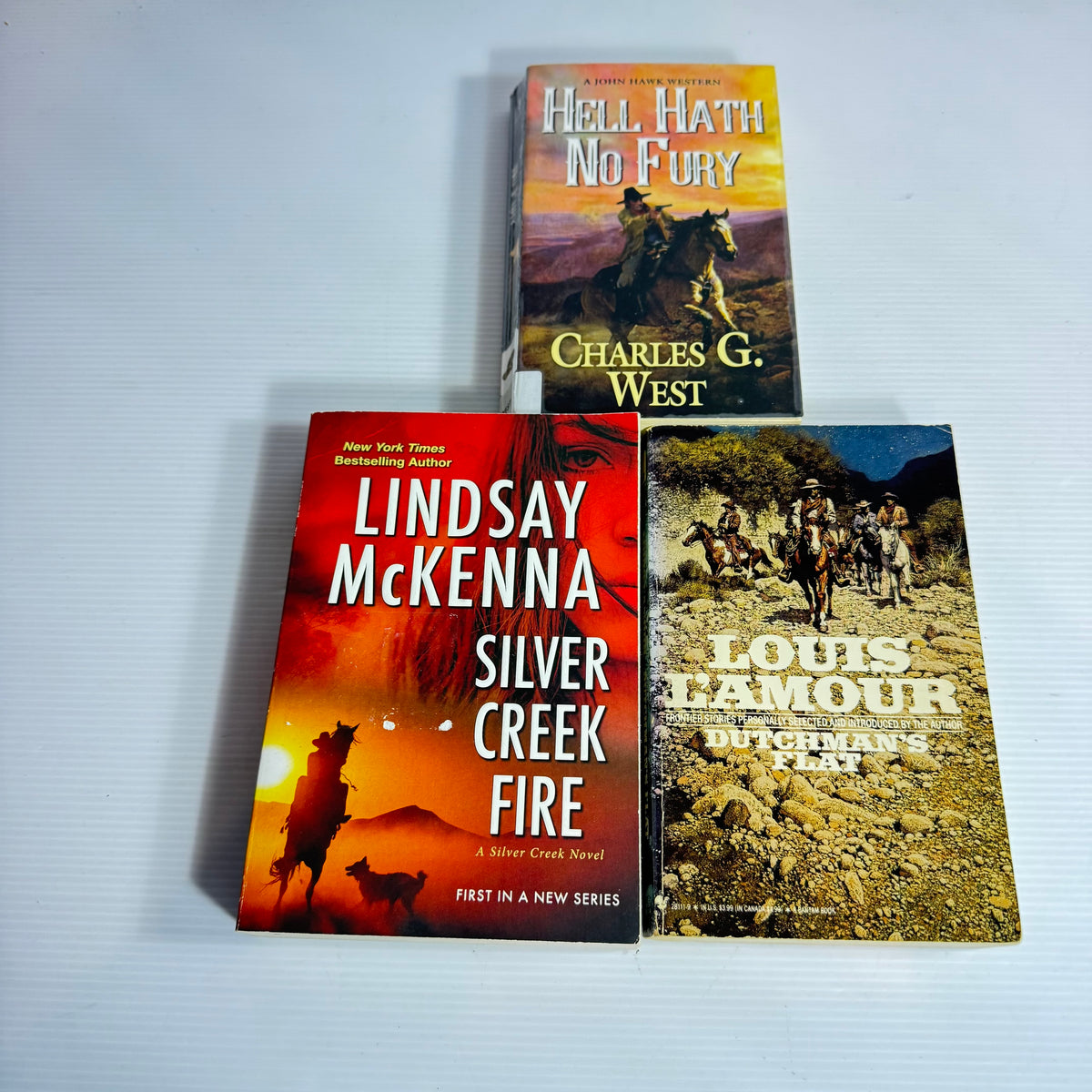 Western Action Bundle x 3 : Hell Hath No Fury - Charles G. West, Dutchman's Flat - Louis L'Amour, Silver Creek Fire - Lindsay McKenna (3391)