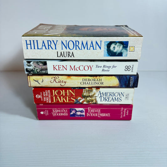 Historical Fiction Bundle x 5 : Two Rings - Ken McCoy, Kitty - Deborah Challinor, Laura - Hilary Norman, American Dreams - John Jakes, Forever In Your Embrace - Kathleene Woodiwiss (3402)