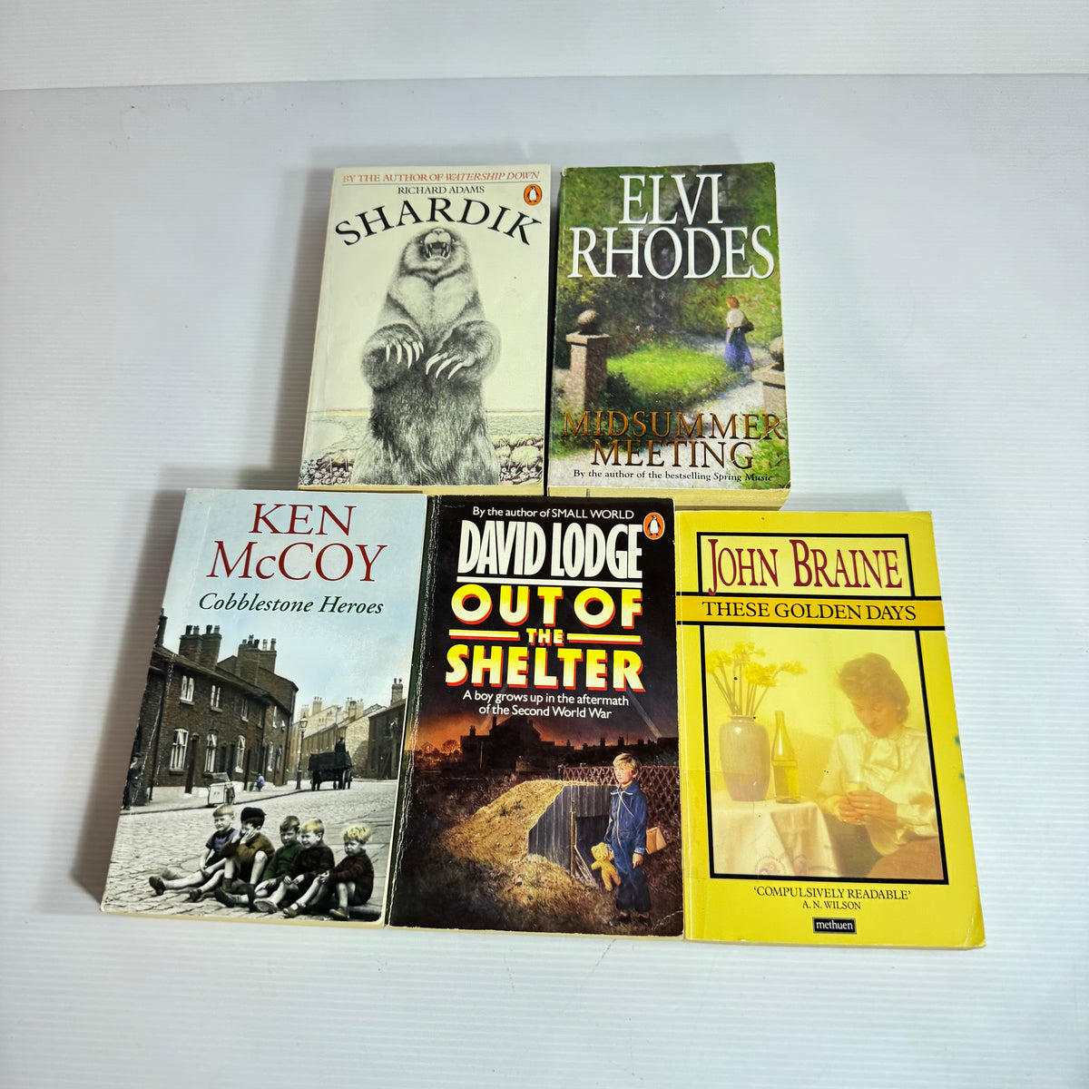 Historical Book Bundle x 5 : Midsumer Meeting - Elvi Rhodes, Shardik - Richard Adams, Out of the Shelter - David Lodge, These Golden Days - John Braine, Cobblestone Heroes - Ken McCoy(3375)