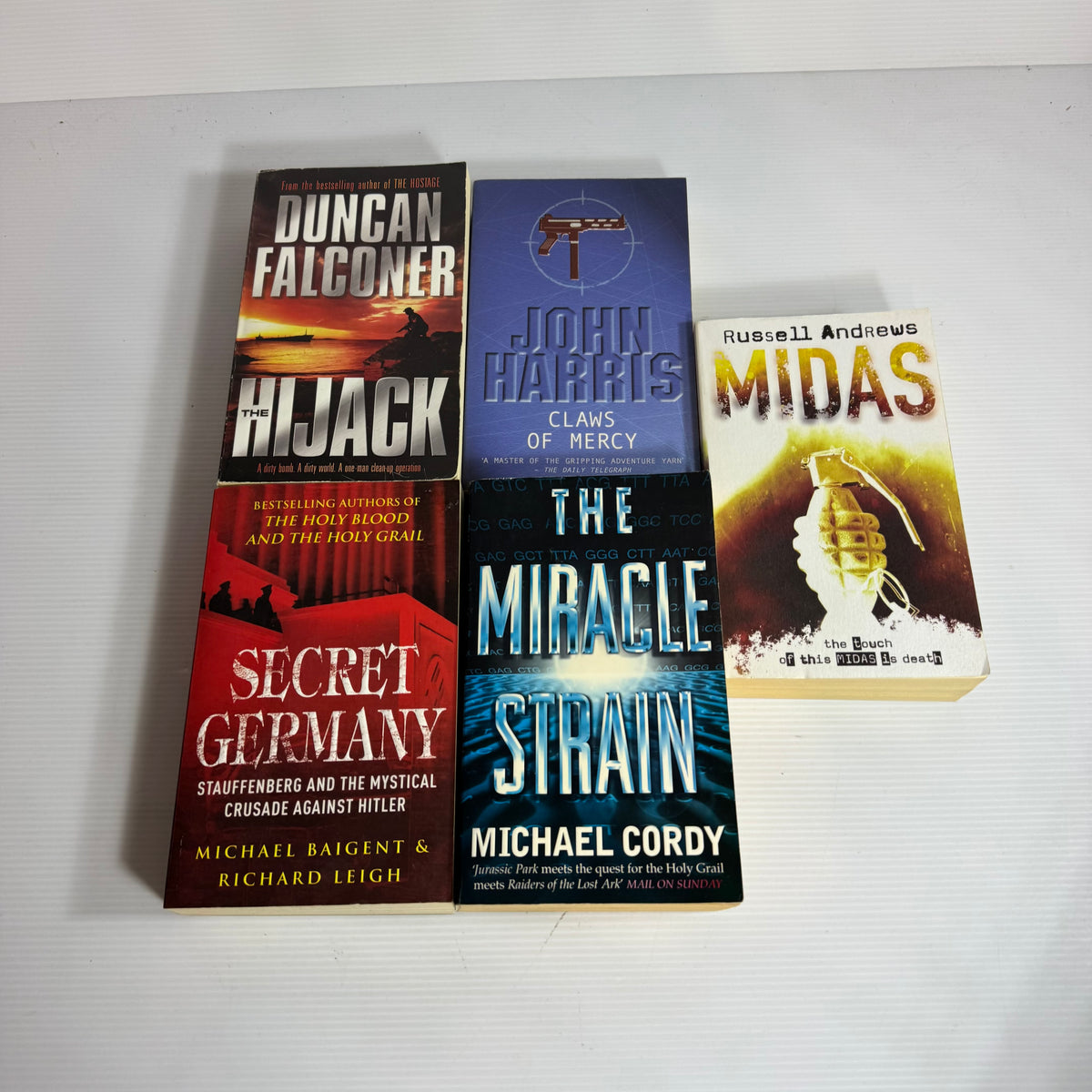 Action Adventure Bundle x 5 : Midas - Russell Andrews, Claws of Mercy - John Harris, The HiJack - Duncan Falconer, The miracle Strain - Michael Cordy, Secret Germany - Michael Baigent & Richard Leigh (3342)