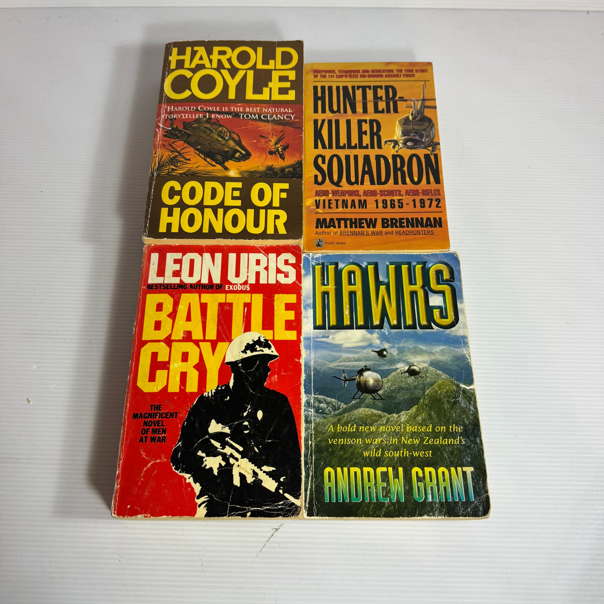 Military Action Bundle x 4 : Hunter-Killer Squadron - Matthew Brennan, Hawks - Andrew Grant, Battle Cry - Leon Uris, Code of Honour - Harold Coyle (3344)