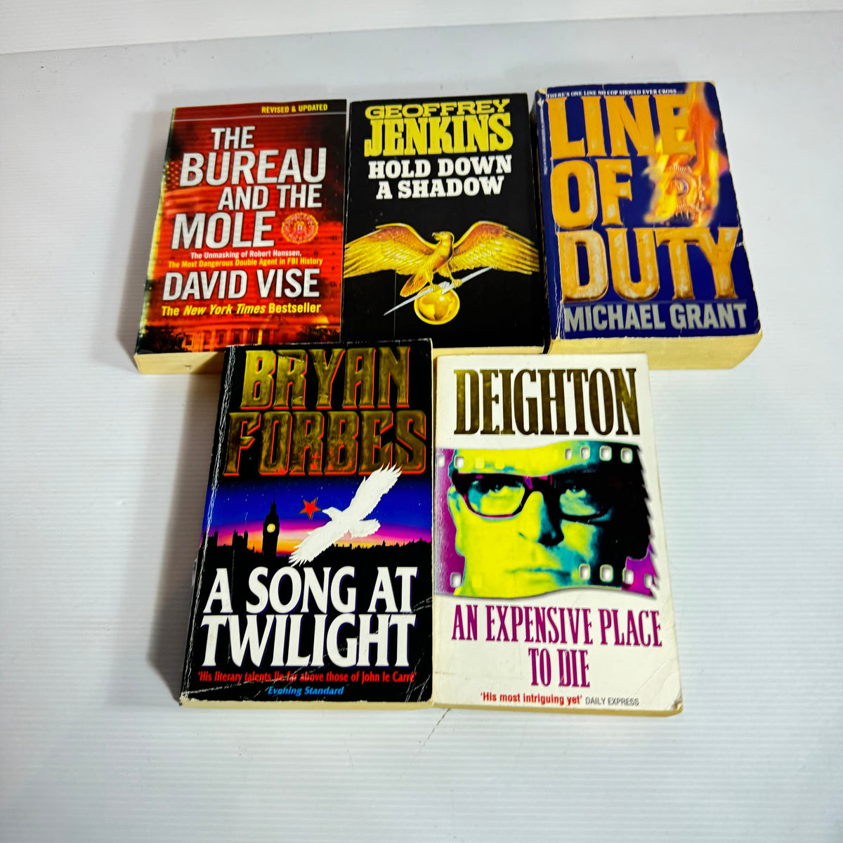 Crime Thriller Bundle x 5 : Line of Duty - Michael Grant, The Bureau and the Mole - David Vise, Hold Down a Shadow - Geoffrey Jenkins, An Expensive Place To Die - Deighton, A Song At Twilight - Bryan Forbes (3450)