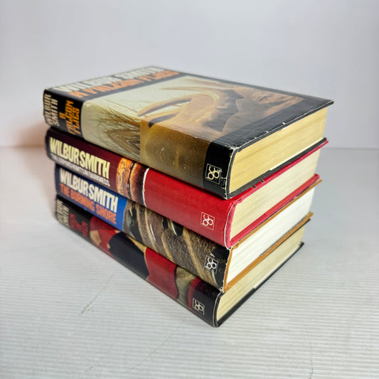 Wilbur Smith Vintage Medium Hardcover x 4 : The Leopard Hunts In the Darkness, Men of Men, A Falcon Flies, The Burning Shore (Vintage 1980's)(2967)