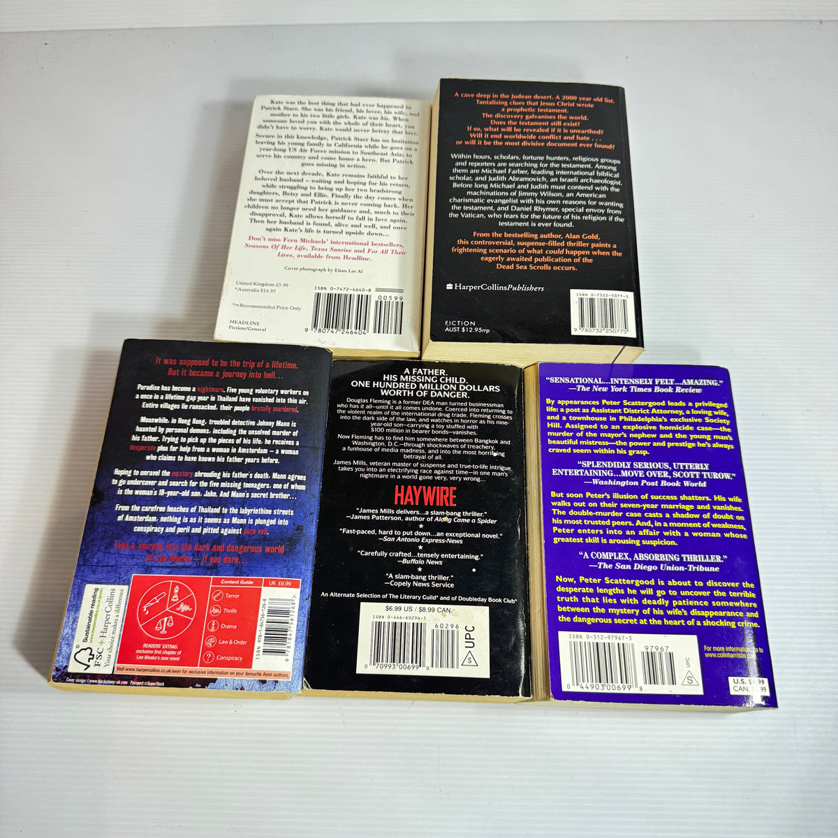 Crime Thriller Bundle x 5 : To Have And To Hold - Fern Michaels, Haywire - James Mills, Break And Enter - Colin Harrison, Death Trip - Lee Weeks, The Lost Testament - Alan Gold (3395)