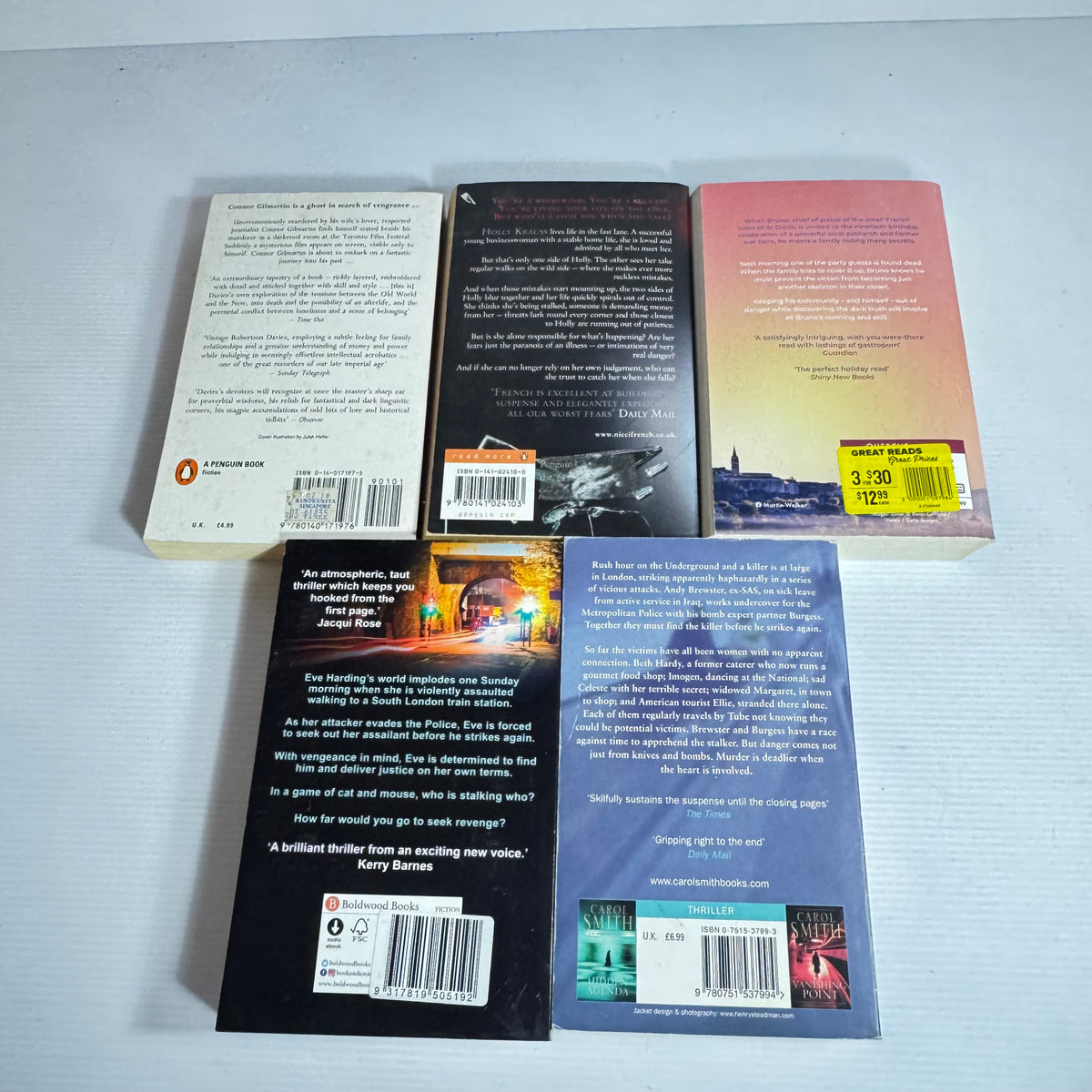 Suspense Thriller Bundle x 5 : The Dying Season - Martin Walker, Without Warning - Carol Smith, Catch Me When I Fall - Nicci French, Murther & Walking Spirits - Robertson Davies, Stalker - Gemma Rogers(3441)