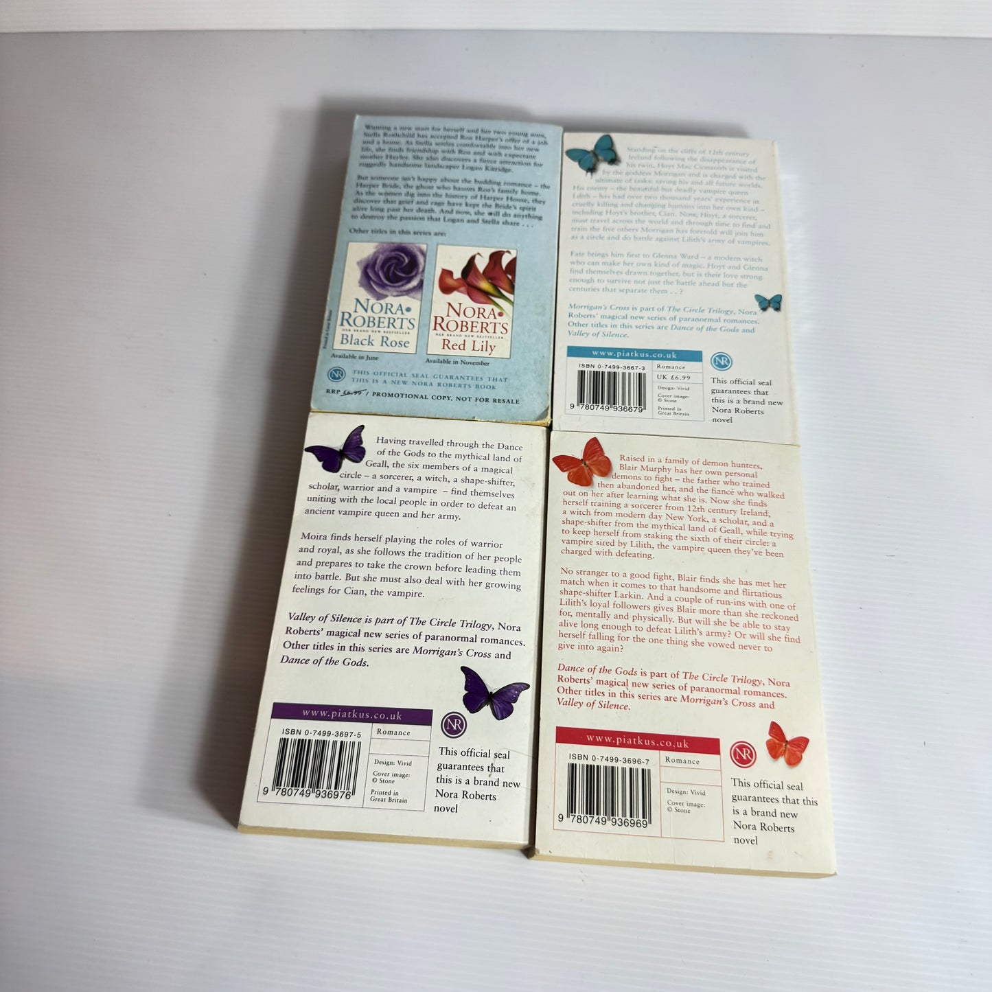 Nora Roberts Book Bundle x 4 : Blue Dahlia, Morrigan's Cross, Valley of Silence, Dance of the Gods (3094)