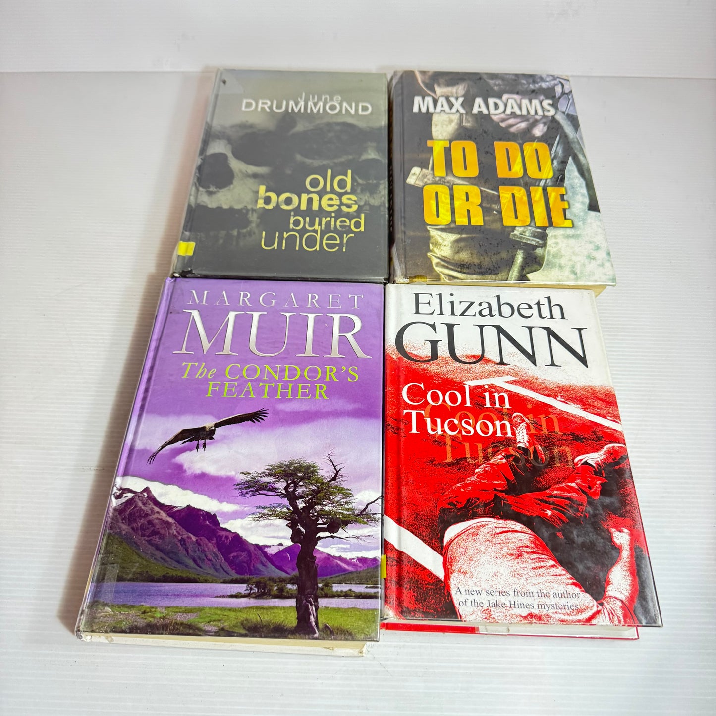 Large Print Crime Book Bundle x 4 : Old Bones Buried Under, To Do Or Die, Cool in Tucson, The Condor's Feather(2869)