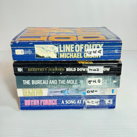 Crime Thriller Bundle x 5 : Line of Duty - Michael Grant, The Bureau and the Mole - David Vise, Hold Down a Shadow - Geoffrey Jenkins, An Expensive Place To Die - Deighton, A Song At Twilight - Bryan Forbes (3450)