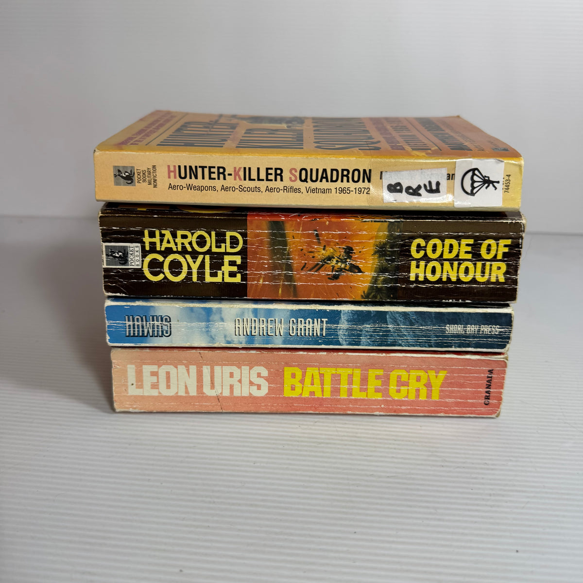 Military Action Bundle x 4 : Hunter-Killer Squadron - Matthew Brennan, Hawks - Andrew Grant, Battle Cry - Leon Uris, Code of Honour - Harold Coyle (3344)