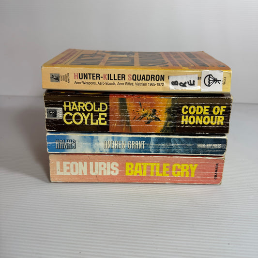 Military Action Bundle x 4 : Hunter-Killer Squadron - Matthew Brennan, Hawks - Andrew Grant, Battle Cry - Leon Uris, Code of Honour - Harold Coyle (3344)