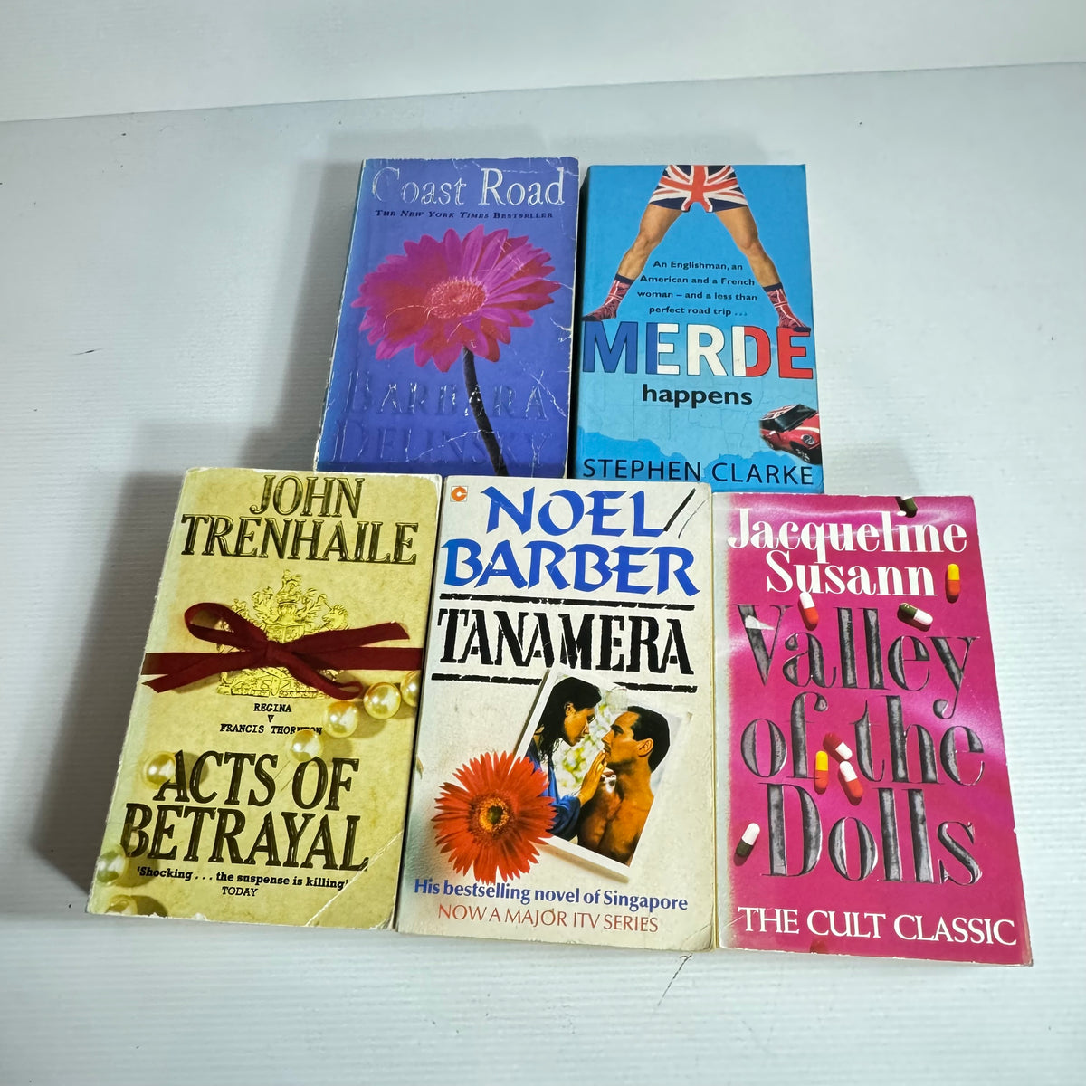 Contemporary Romance x 5 : Coast Road - Barbara Delinsky, Merde Happens - Stephen Clarke, Tanamera - Noel Barber, Acts of Betrayal - john Trenhaile, Valley Of The Dolls - Jacqueline Susan  (3424)