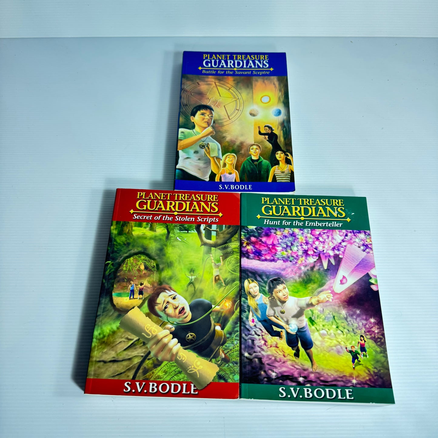 S.V. Bodle Planet Treasure Guardians Book Bundle x 3 : Battle for the Savant Sceptre, Hunt for the Emberteller, Secret of the Stolen Scripts (3106)
