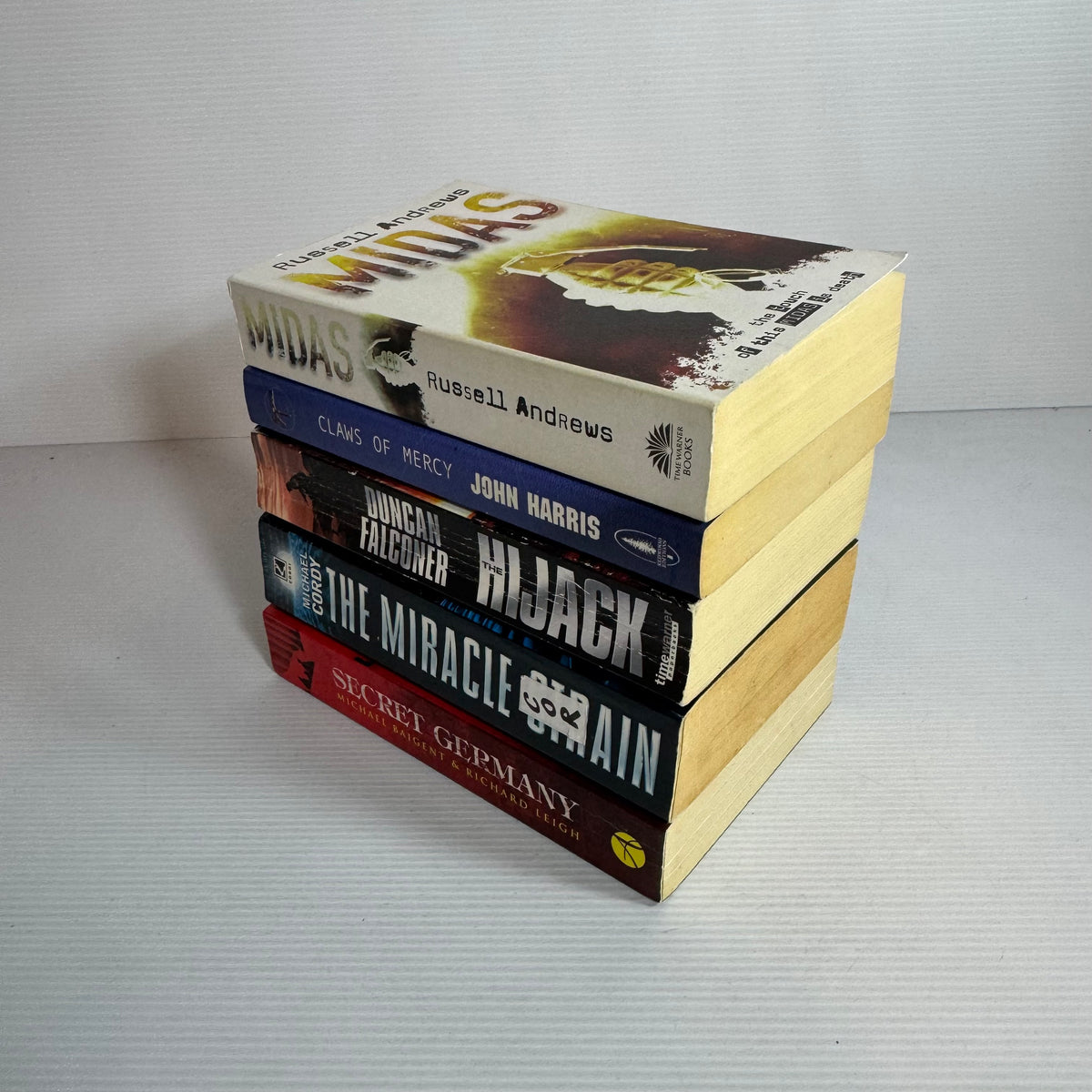 Action Adventure Bundle x 5 : Midas - Russell Andrews, Claws of Mercy - John Harris, The HiJack - Duncan Falconer, The miracle Strain - Michael Cordy, Secret Germany - Michael Baigent & Richard Leigh (3342)