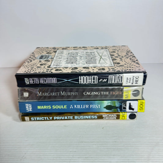 Large Print Crime Book Bundle x 4 Books : Strictly Private Business, Caging The Tiger, Hooked on Murder, A Killer Past(2872)