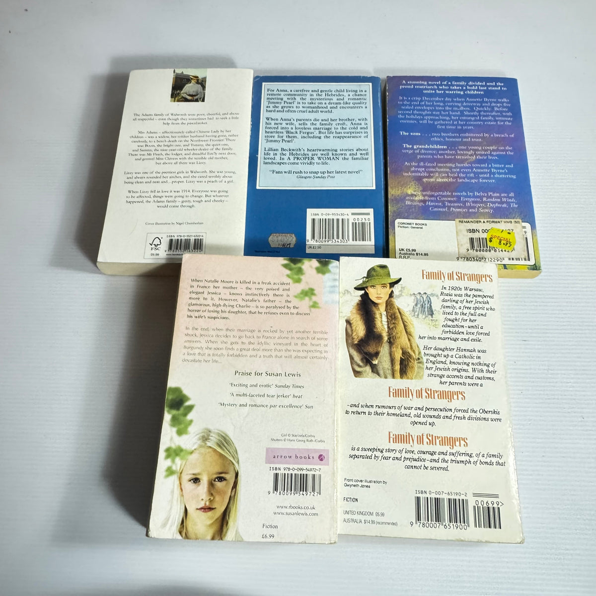 Historical Romance Bundle x 5 : A Proper Woman - Lillian Beckwith, Homecoming - Belva Plain, Down Lambeth way - Mary Jane Staples, Family of Strangers - Wendy Cheriman, A French Affair - Susan Lewis (3403)