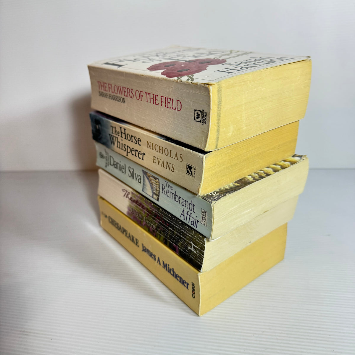 Historical Fiction Bundle x 5 : Theatre of War - Hilary Green, The Horse Whisperer - Nicholas Evans, Chesapeake - James A. Michener, The Flowers of the Field - Sarah Harrison, The Rembrandt Affair - Daniel Silva (3364)