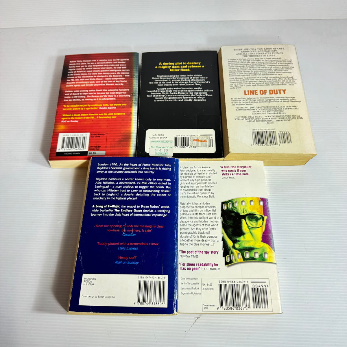 Crime Thriller Bundle x 5 : Line of Duty - Michael Grant, The Bureau and the Mole - David Vise, Hold Down a Shadow - Geoffrey Jenkins, An Expensive Place To Die - Deighton, A Song At Twilight - Bryan Forbes (3450)