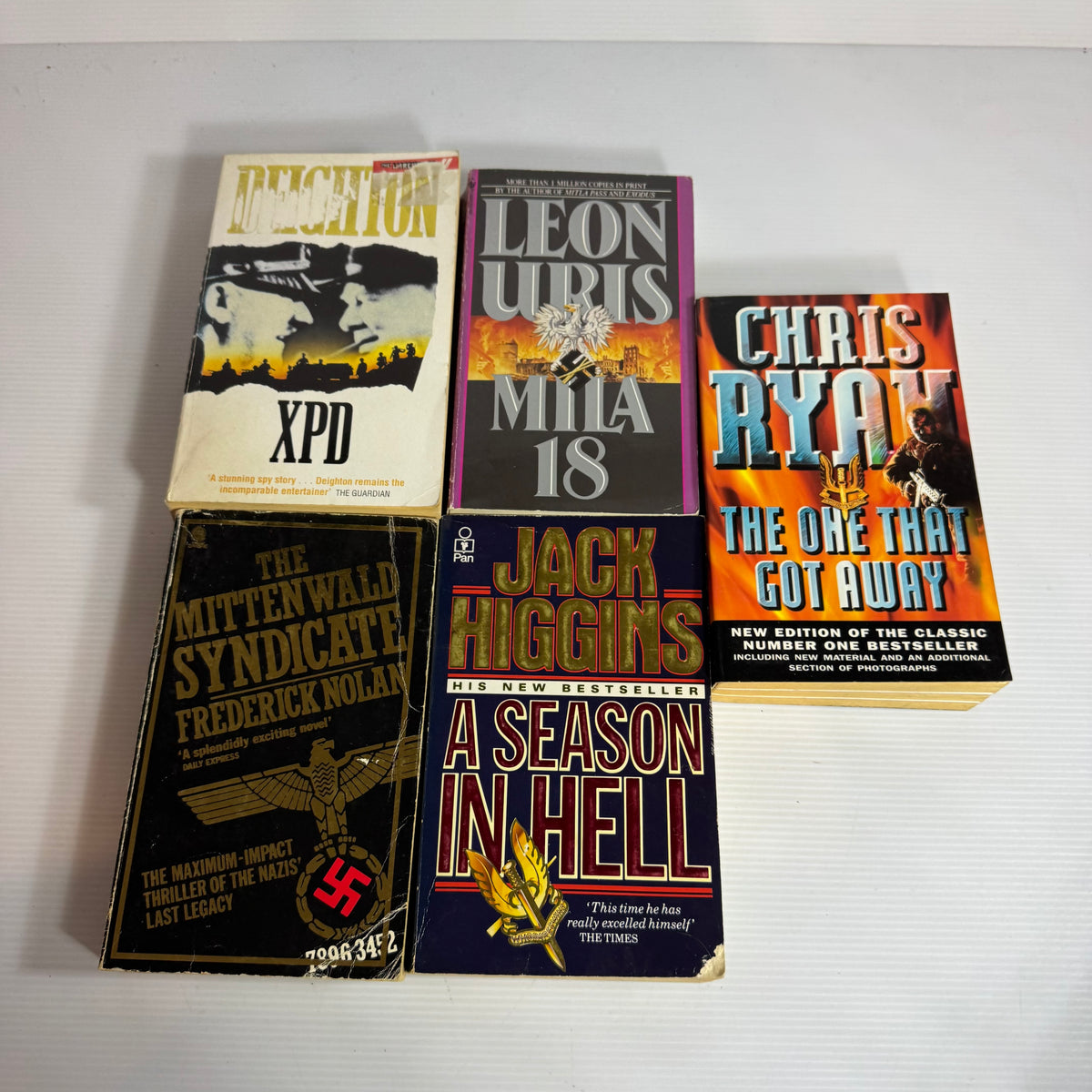 Military Action Bundle x 5 : XPD - Len Deighton, Mila 18 - Leon Uris, the One That Got Away - Chris Ryan, A Season In Hell - Jack Higgins, The Mittenwald Syndicate - Frederick Nolan(3345)
