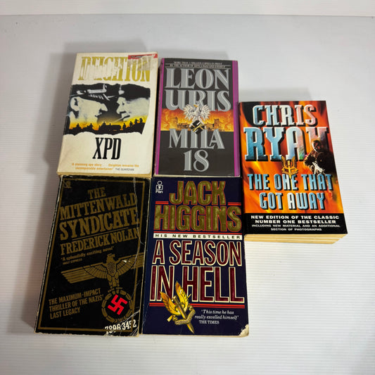 Military Action Bundle x 5 : XPD - Len Deighton, Mila 18 - Leon Uris, the One That Got Away - Chris Ryan, A Season In Hell - Jack Higgins, The Mittenwald Syndicate - Frederick Nolan(3345)