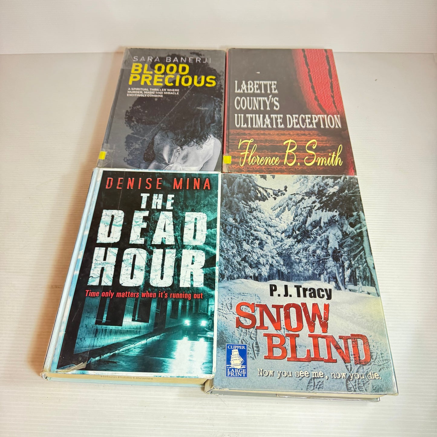 Large Print Crime Book Bundle x 4 : Blood Precious, The Dead Hour, Labette County's Ultimate Deception, Snow Blind(2867)