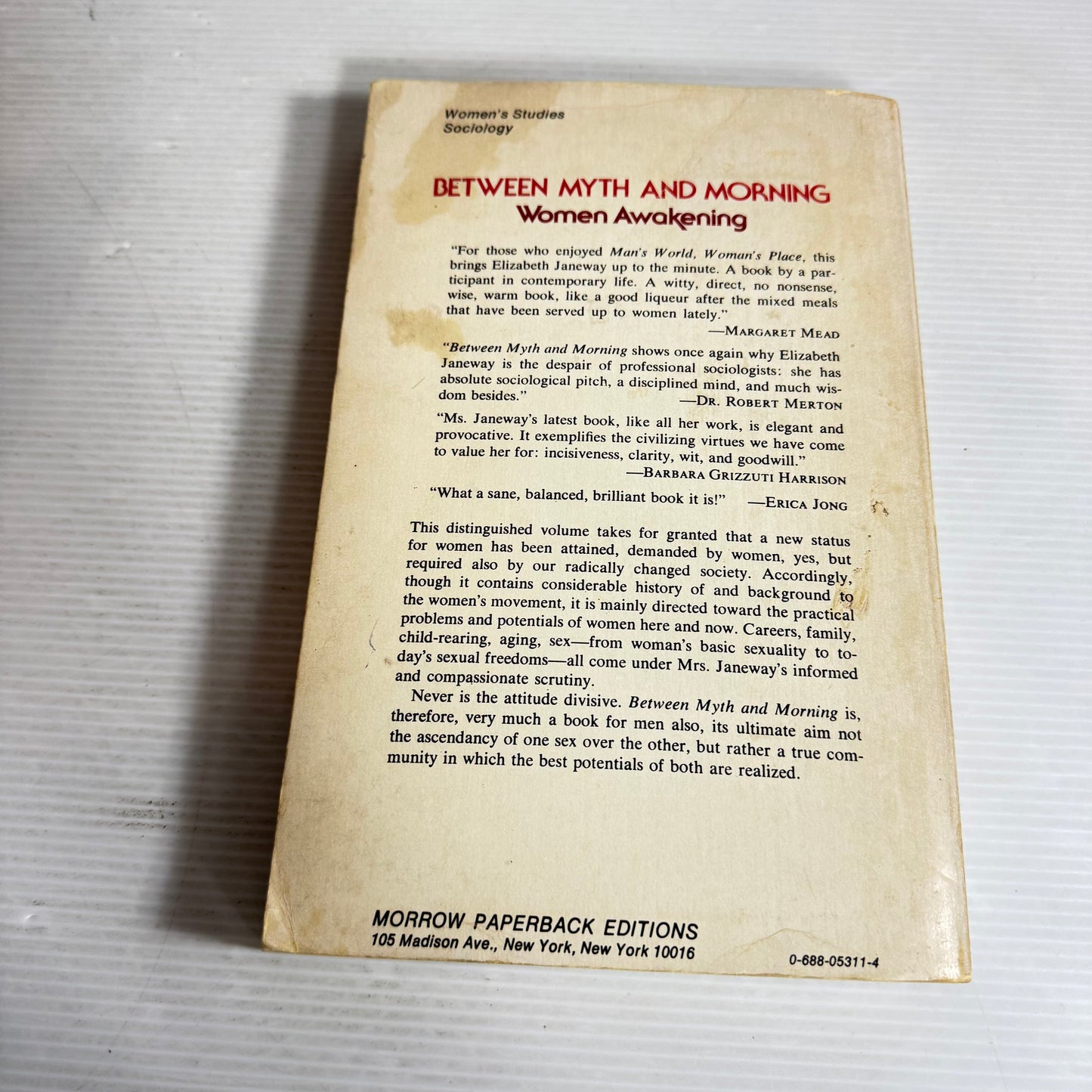 Between Myth and Morning : Women Awakening - Elizabeth Janeway (Vintage 1975)