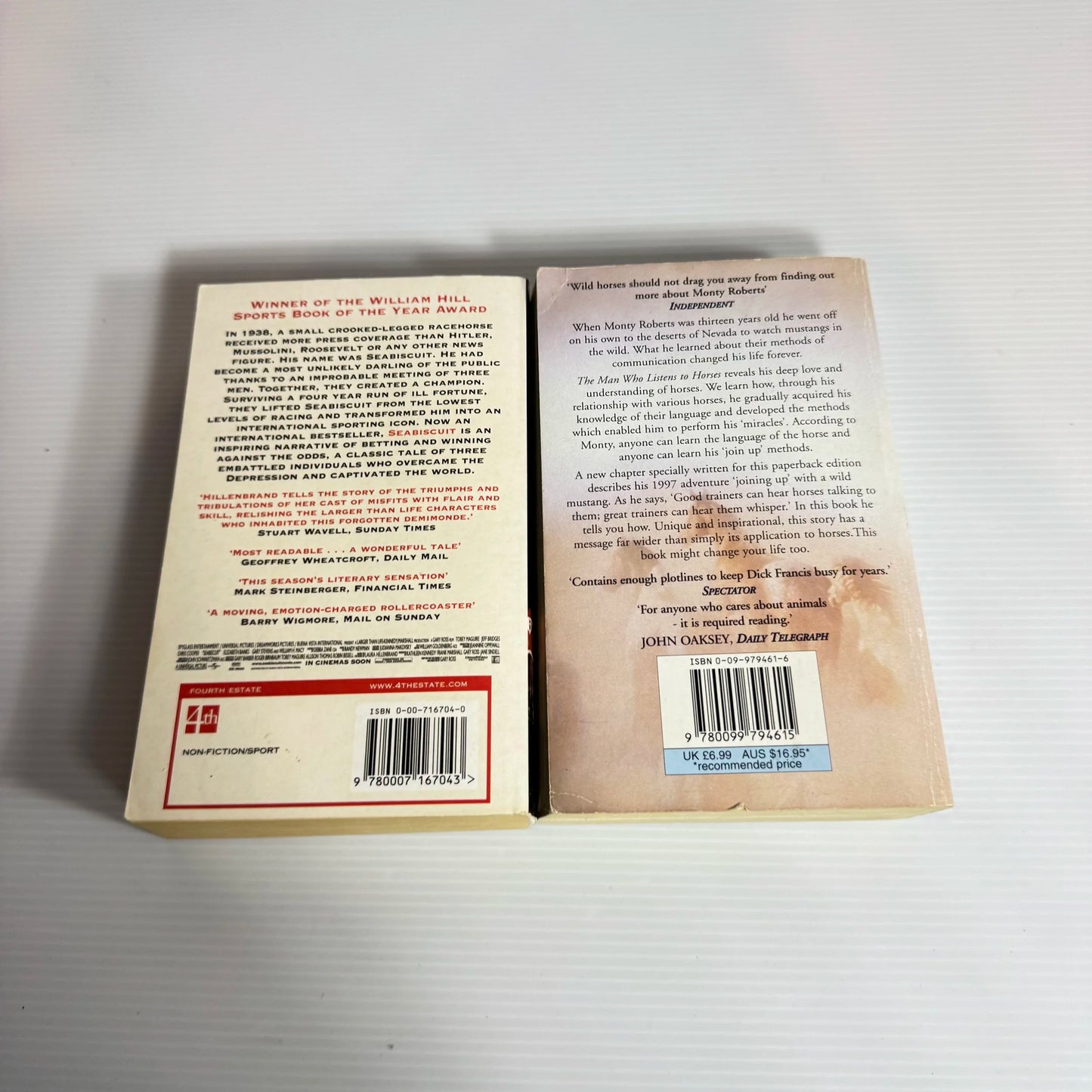 Horse Story Book Bundle x 2 : The Man Who Listens To Horses - Monty Roberts & Seabiscuit - Laura Hillenbrand (2029)