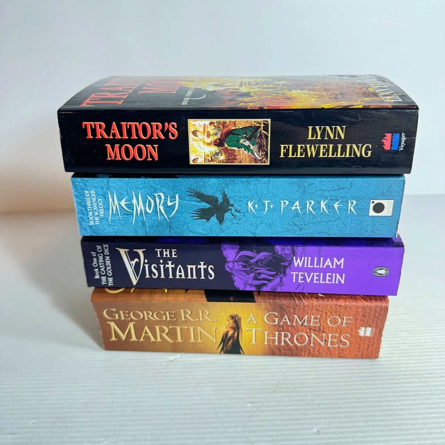 Fantasy Book Bundle x 4 Books The Visitants - William Tevelein, Traitor's Moon - Lynn Flewelling, A Game of Thrones - George R. R. Martin & Memory KK.J. Parker(560)