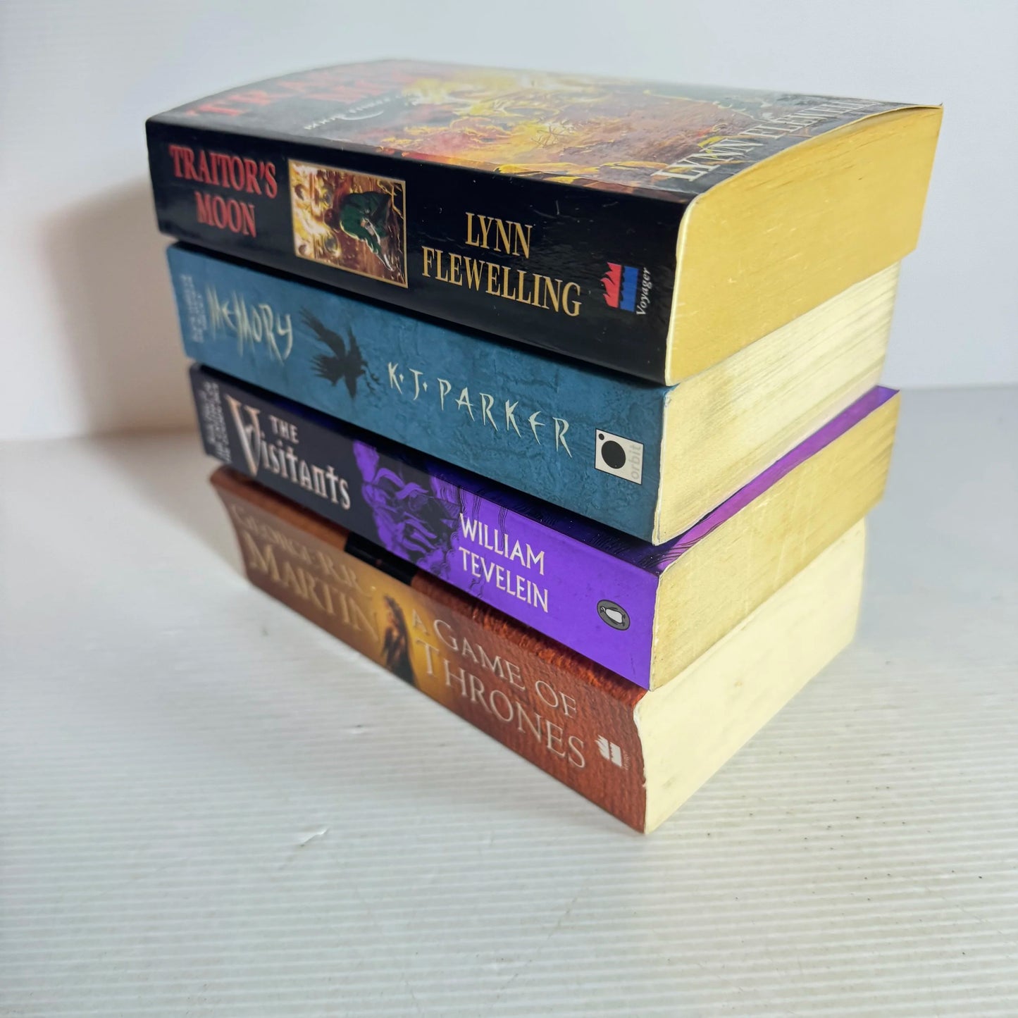 Fantasy Book Bundle x 4 Books The Visitants - William Tevelein, Traitor's Moon - Lynn Flewelling, A Game of Thrones - George R. R. Martin & Memory KK.J. Parker(560)