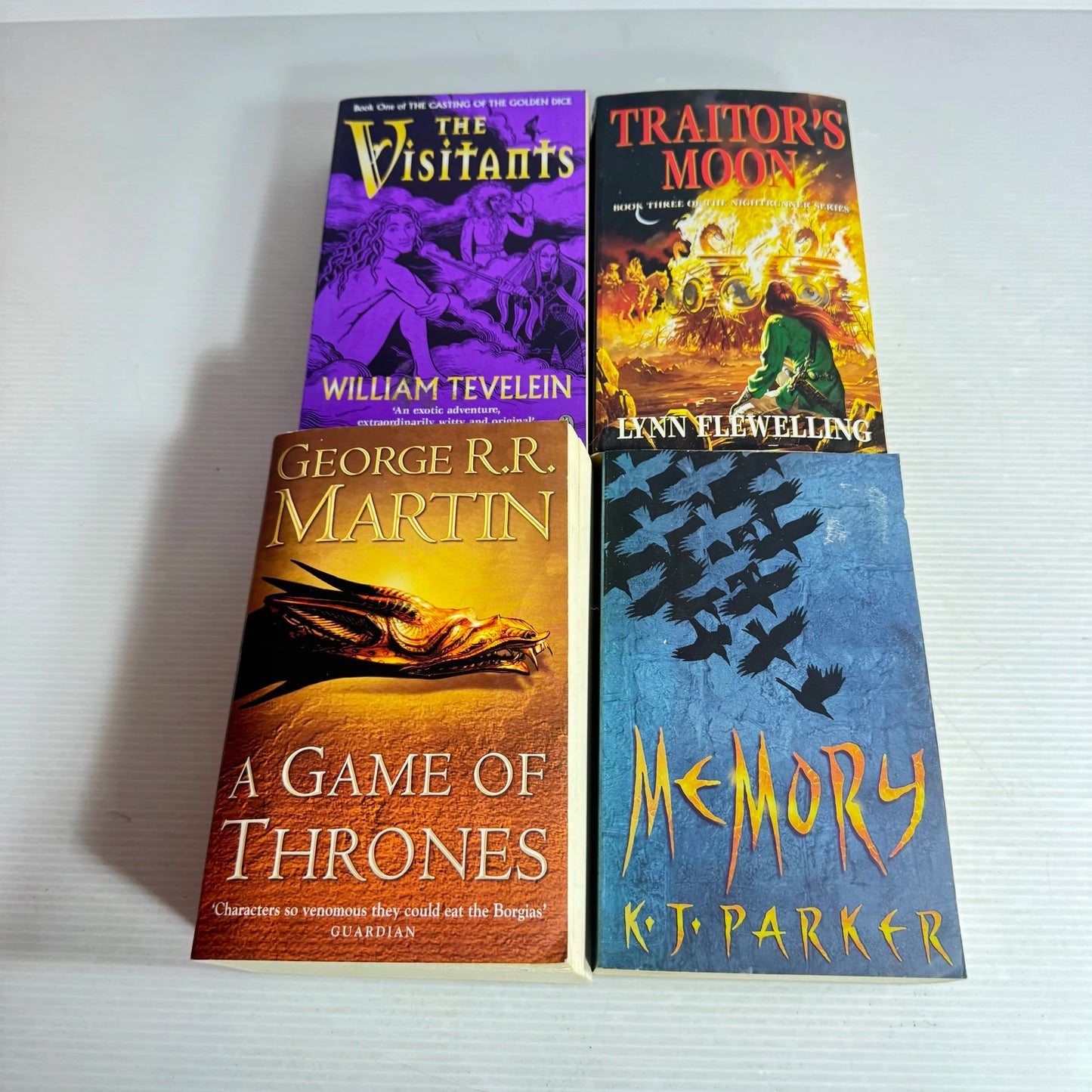 Fantasy Book Bundle x 4 Books The Visitants - William Tevelein, Traitor's Moon - Lynn Flewelling, A Game of Thrones - George R. R. Martin & Memory KK.J. Parker(560)