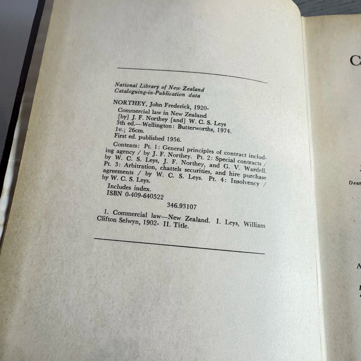 Commercial Law in New Zealand Fifth Edition - Butterworths (Vintage 1974)